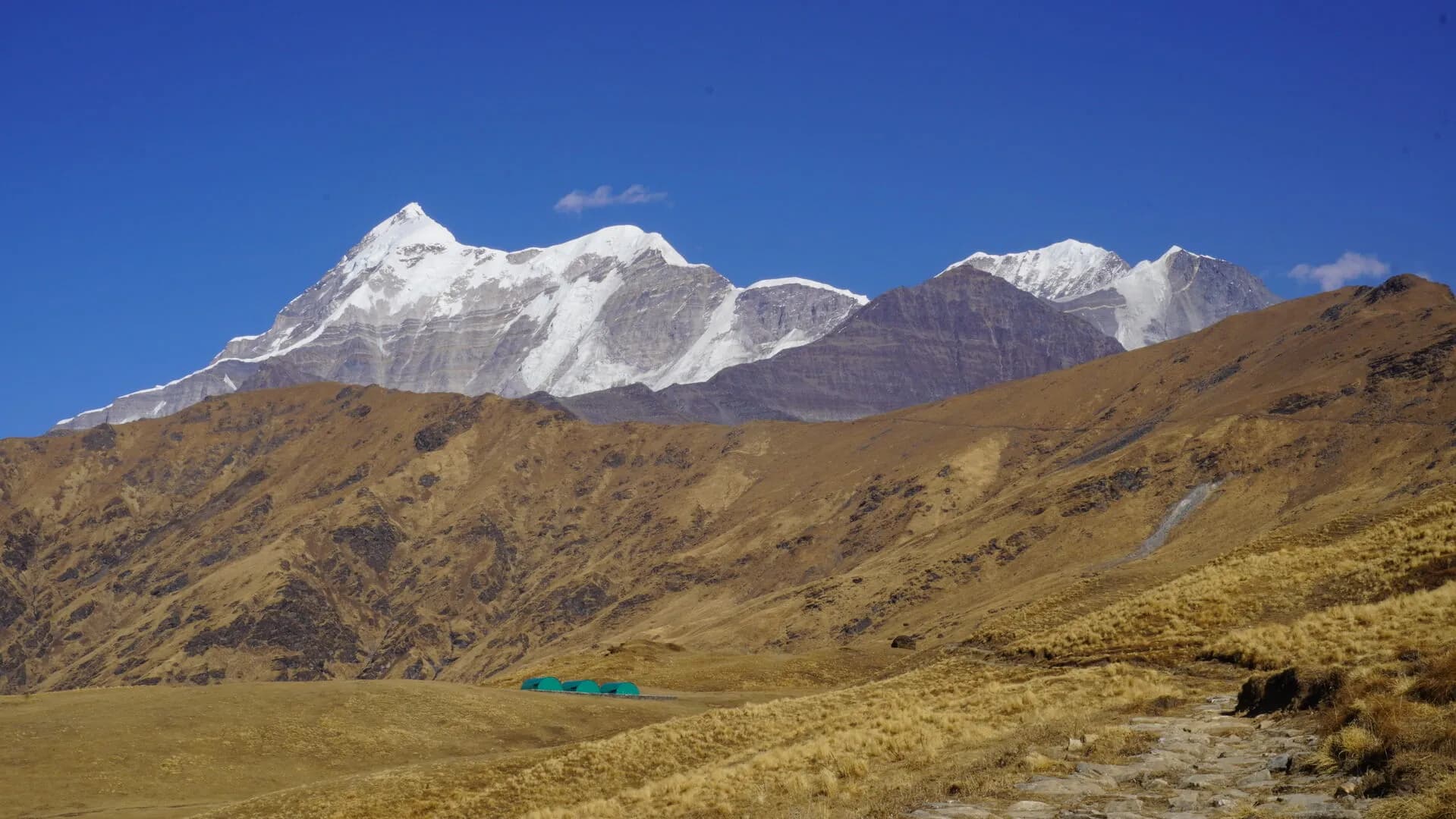 Snow-covered Himalayan peaks above an alpine campsite